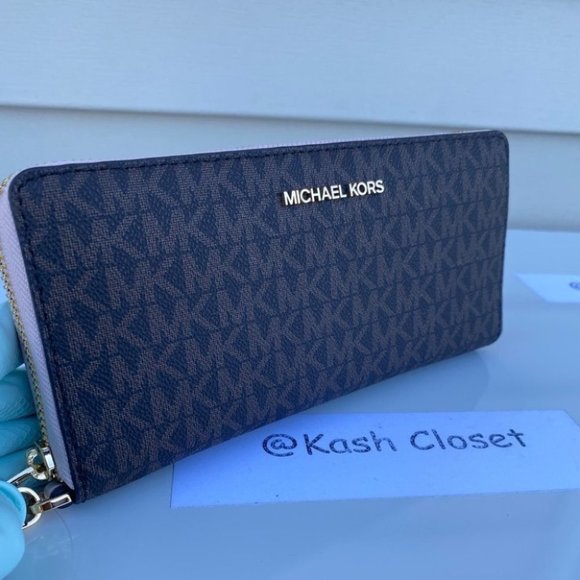 Michael Kors MK Large Logo Travel Continental Wallet - Powder blush/Brown - Picture 1 of 8